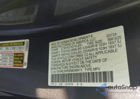2024 Honda Odyssey Ex-L из США, поврежденный, VIN 5FNRL6H65RB048473